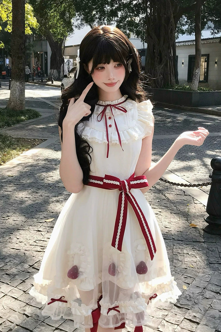 Lolita Dress - Strawberry Mousse Cake, Ivory, Stand Collar, Lace Trim, Ruffled - additional product view 3