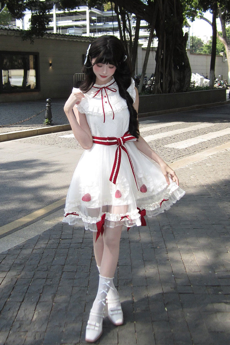 Lolita Dress - Strawberry Mousse Cake, Ivory, Stand Collar, Lace Trim, Ruffled - additional product view 6