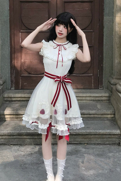 Lolita Dress - Strawberry Mousse Cake, Ivory, Stand Collar, Lace Trim, Ruffled - additional product view 7