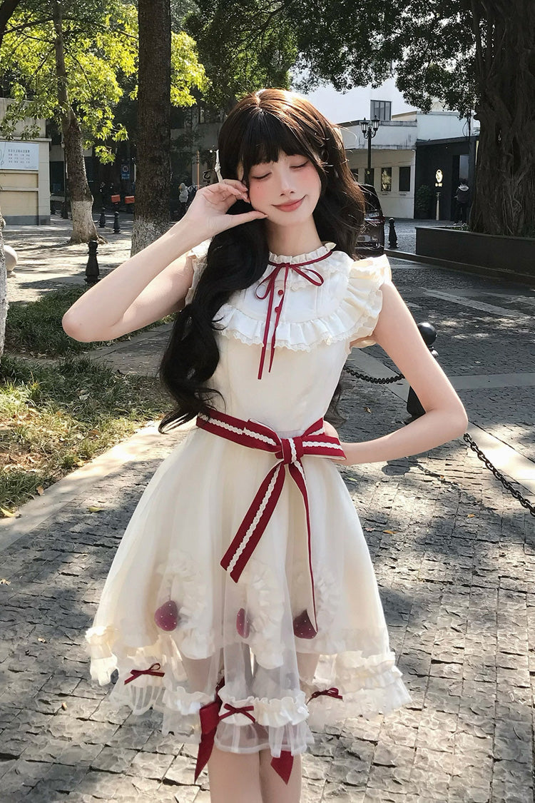 Lolita Dress - Strawberry Mousse Cake, Ivory, Stand Collar, Lace Trim, Ruffled - main product image
