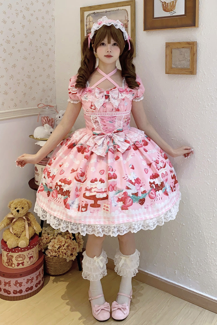 Lolita Dress - Strawberry Parfait, Pink, Bow Detail, Lace Trim, Ruffled - additional product view 2