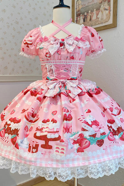 Lolita Dress - Strawberry Parfait, Pink, Bow Detail, Lace Trim, Ruffled - additional product view 3