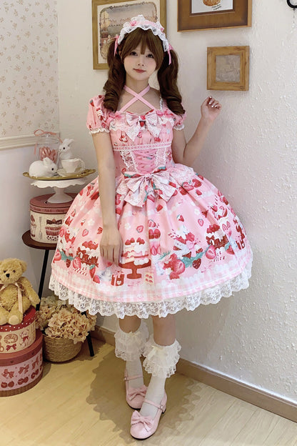 Lolita Dress - Strawberry Parfait, Pink, Bow Detail, Lace Trim, Ruffled - additional product view 5