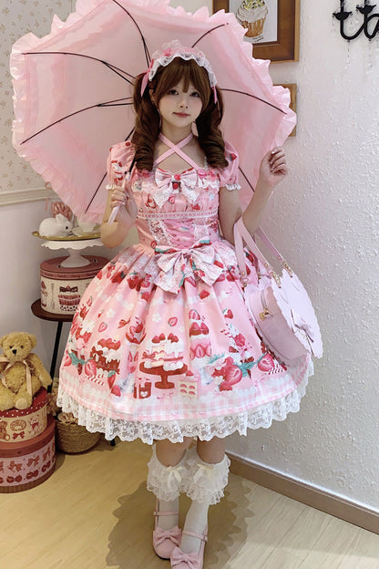 Lolita Dress - Strawberry Parfait, Pink, Bow Detail, Lace Trim, Ruffled - additional product view 6