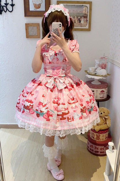 Lolita Dress - Strawberry Parfait, Pink, Bow Detail, Lace Trim, Ruffled - additional product view 7
