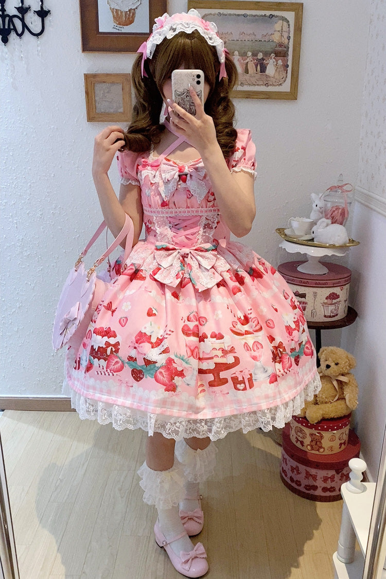 Lolita Dress - Strawberry Parfait, Pink, Bow Detail, Lace Trim, Ruffled - additional product view 8