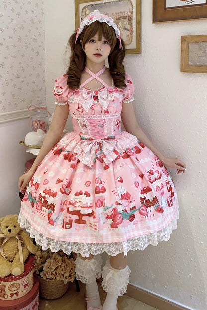 Lolita Dress - Strawberry Parfait, Pink, Bow Detail, Lace Trim, Ruffled - main product image