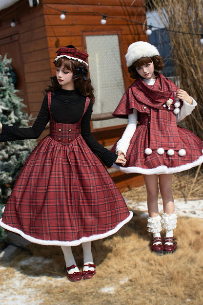 Lolita Dress - Striped Plaid Print Fall Winter, Red, Short Version, Long Version, Plaid - additional product view 5