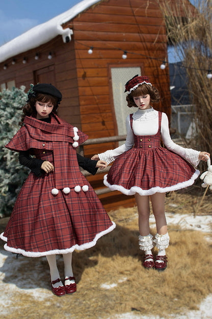 Lolita Dress - Striped Plaid Print Fall Winter, Red, Short Version, Long Version, Plaid - additional product view 7