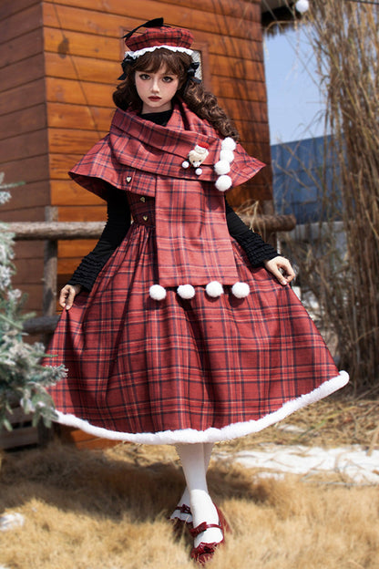 Lolita Dress - Striped Plaid Print Fall Winter, Red, Short Version, Long Version, Plaid - additional product view 9