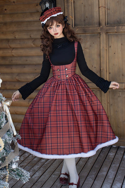 Lolita Dress - Striped Plaid Print Fall Winter, Red, Short Version, Long Version, Plaid - additional product view 12