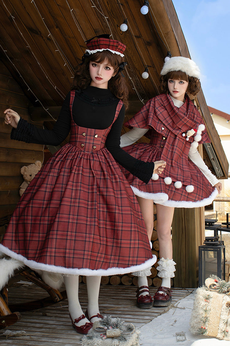 Lolita Dress - Striped Plaid Print Fall Winter, Red, Short Version, Long Version, Plaid - additional product view 13