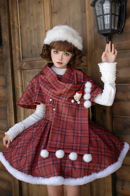 Lolita Dress - Striped Plaid Print Fall Winter, Red, Short Version, Long Version, Plaid - main product image