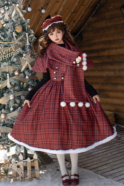 Lolita Dress - Striped Plaid Print Fall Winter, Red, Short Version, Long Version, Plaid - S Red Long / M Red Long / L Red Long option