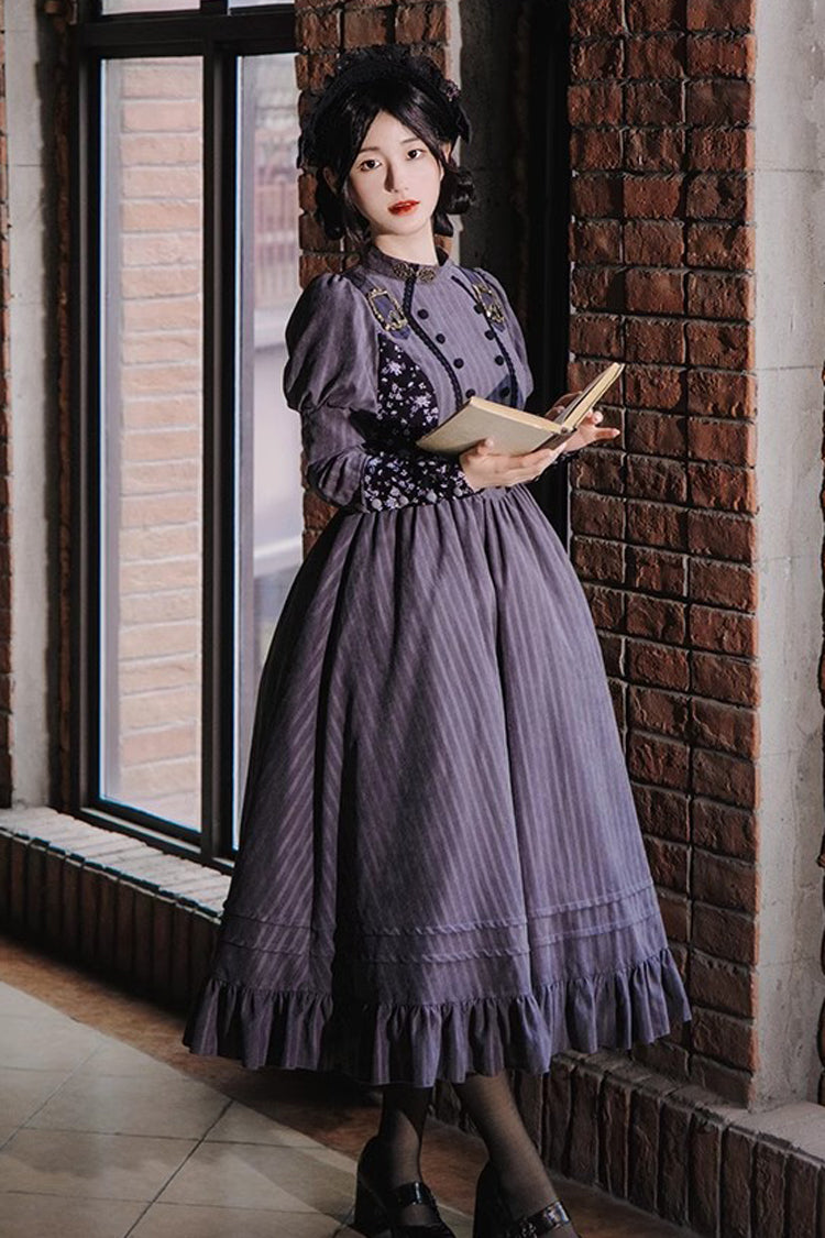 Lolita Dress - Stripes Print, Gray, Classic Style, Printed, Long Sleeves - additional product view 2