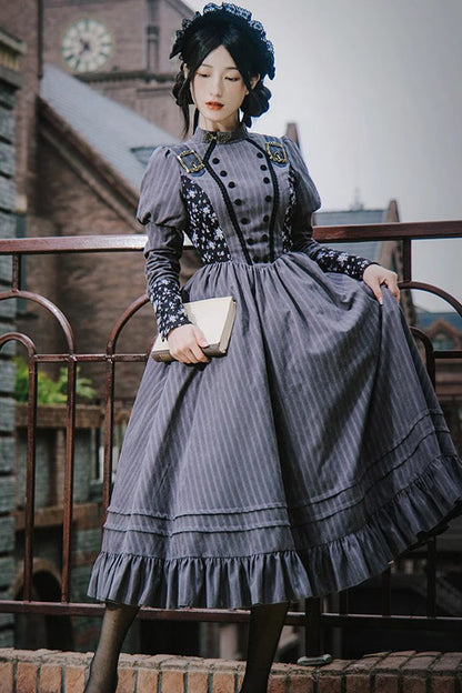 Lolita Dress - Stripes Print, Gray, Classic Style, Printed, Long Sleeves - additional product view 3