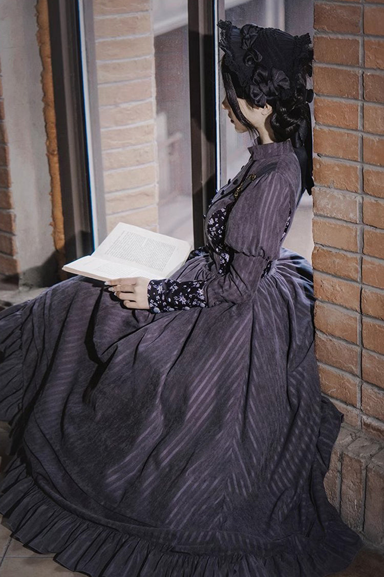 Lolita Dress - Stripes Print, Gray, Classic Style, Printed, Long Sleeves - additional product view 4
