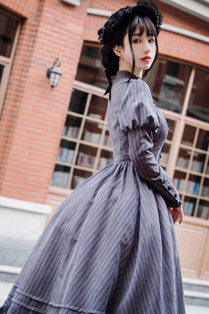Lolita Dress - Stripes Print, Gray, Classic Style, Printed, Long Sleeves - additional product view 5