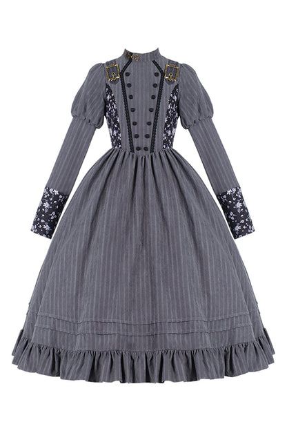 Lolita Dress - Stripes Print, Gray, Classic Style, Printed, Long Sleeves - additional product view 6