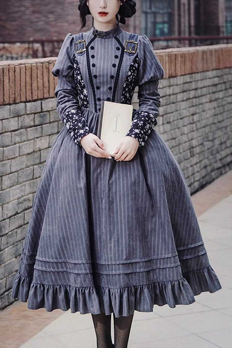 Lolita Dress - Stripes Print, Gray, Classic Style, Printed, Long Sleeves - main product image