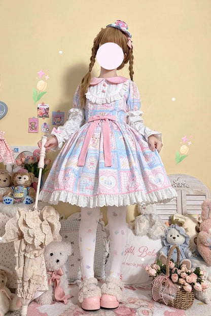 Lolita Dress - Sweetheart Bunny Bear, 3 Colors, Long Sleeves, Sweet Style, Bow Detail - M Blue / L Blue option