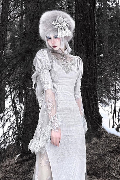 Lolita Dress - The Call Of The Snow Country, Silver, Fishtail Silhouette, High Waist - additional product view 5