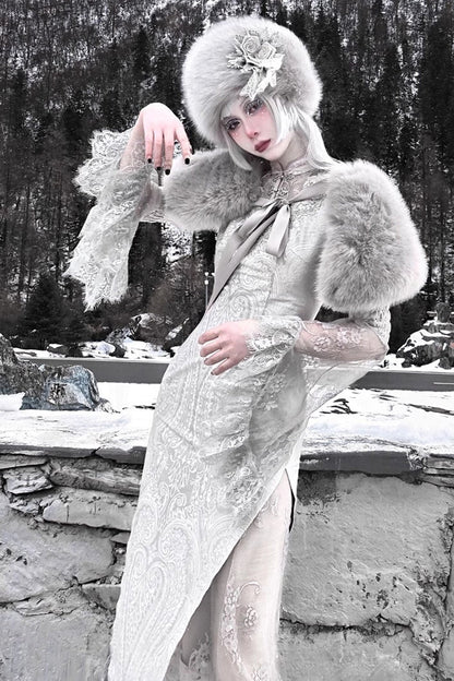 Lolita Dress - The Call Of The Snow Country, Silver, Fishtail Silhouette, High Waist - additional product view 11