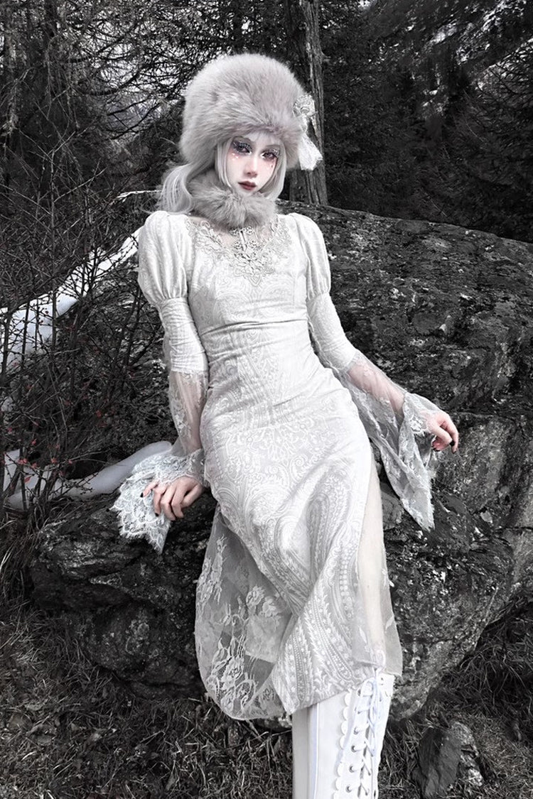 Lolita Dress - The Call Of The Snow Country, Silver, Fishtail Silhouette, High Waist - additional product view 12