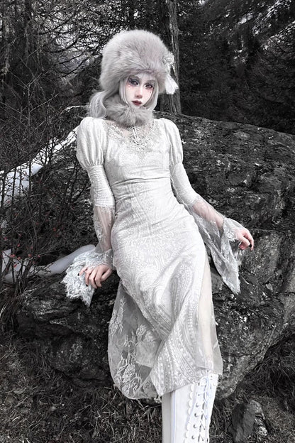 Lolita Dress - The Call Of The Snow Country, Silver, Fishtail Silhouette, High Waist - additional product view 12