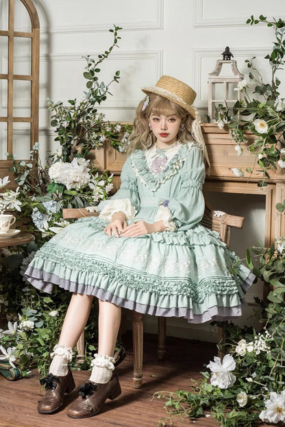 Lolita Dress - Thorn Rose, 2 Colors, Bow Detail, Ruffled, Long Sleeves - S Green / M Green / L Green option