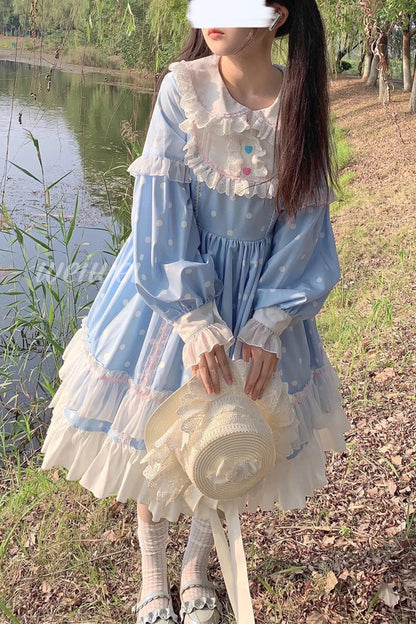 Lolita Dress - Toffee Bobo, 3 Colors, Sweet Style, Ruffled, Printed - S Blue / M Blue / L Blue option