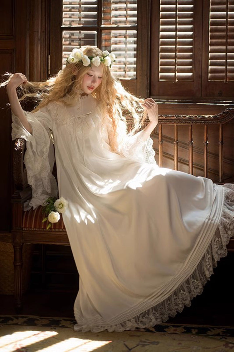 Lolita Dress - Trumpet Ruffle Lace Elegant, White, Long Sleeves, Sweet Style, Lace Trim - additional product view 2