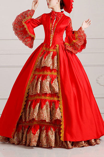 Lolita Dress - Trumpet Sleeves Single Breasted, 2 Colors, High Waist, Bow Detail, Ruffled - S red / M red / L red option