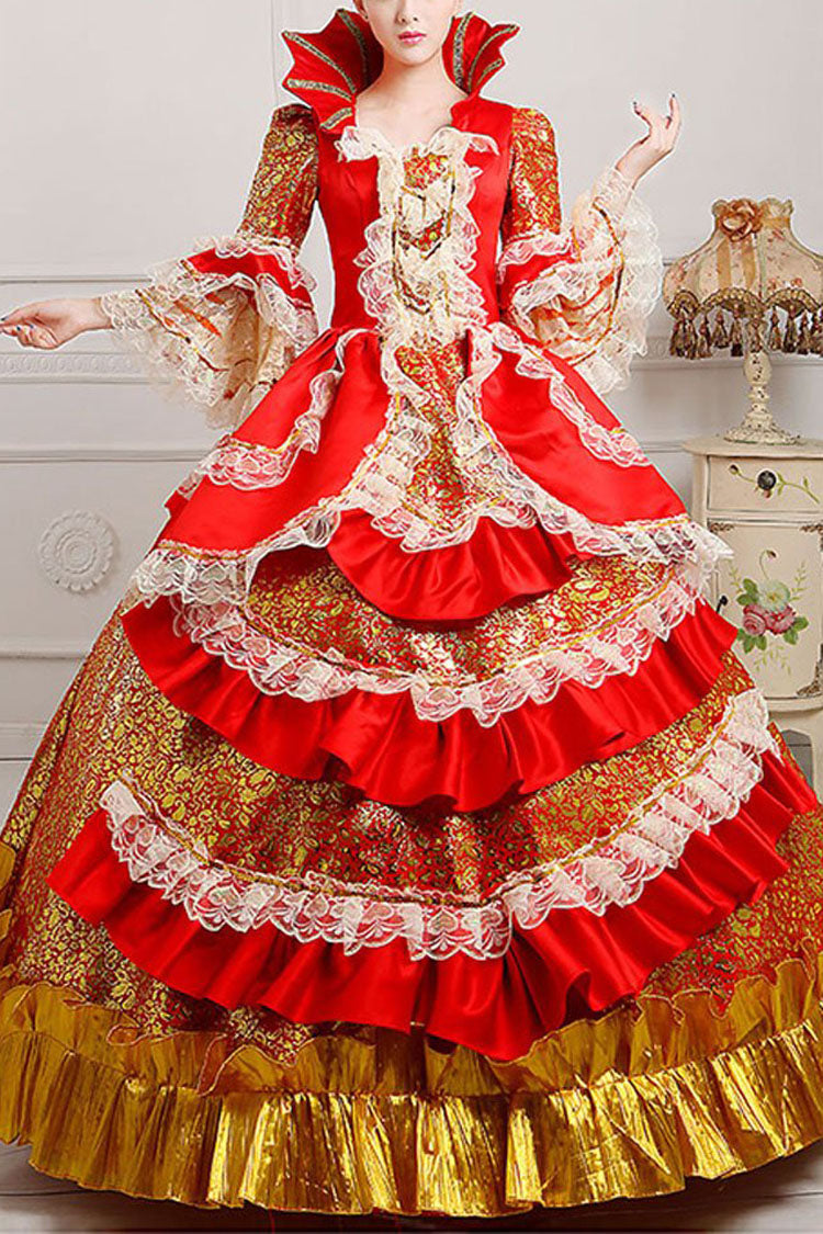 Lolita Dress - Trumpet Sleeves Stand Collar, 2 Colors, Stand Collar, Victorian Style - S Wine/Golden / M Wine/Golden / L Wine/Golden option
