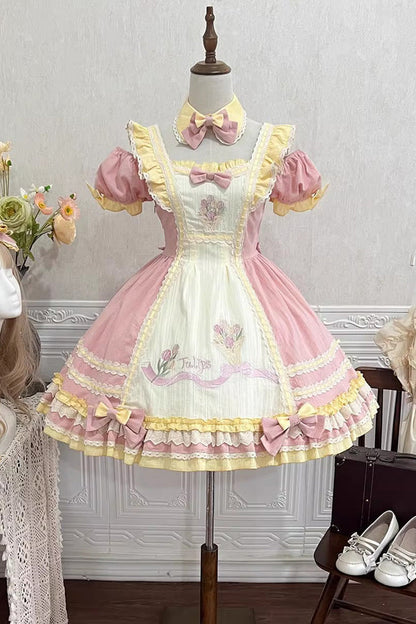 Lolita Dress - Tulip Print Ruffle Bowknot, Pink, Ruffled, Printed, Sweet Style - additional product view 3