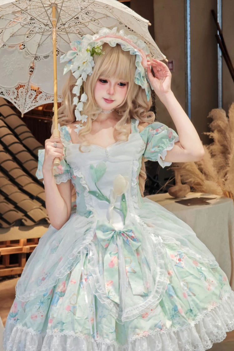 Lolita Dress - Tulip's Letter, Green, Ruffled, Printed, Sweet Style - additional product view 2
