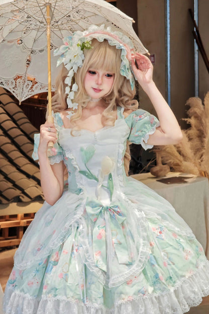 Lolita Dress - Tulip's Letter, Green, Ruffled, Printed, Sweet Style - additional product view 2