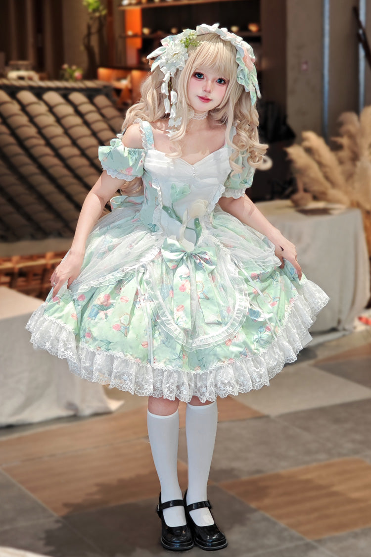Lolita Dress - Tulip's Letter, Green, Ruffled, Printed, Sweet Style - additional product view 3