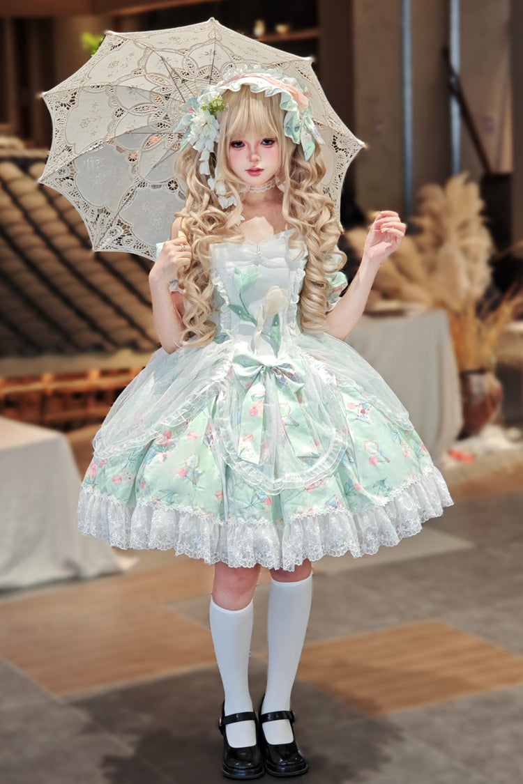 Lolita Dress - Tulip's Letter, Green, Ruffled, Printed, Sweet Style - additional product view 4