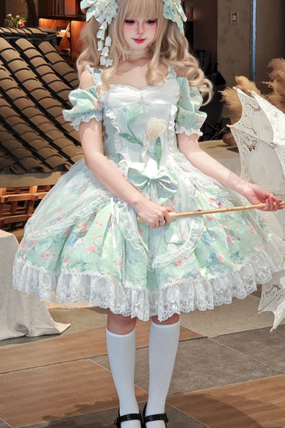 Lolita Dress - Tulip's Letter, Green, Ruffled, Printed, Sweet Style - additional product view 5