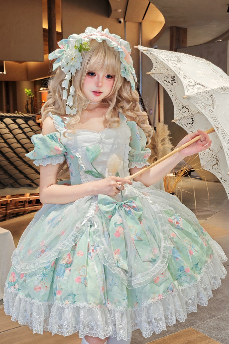 Lolita Dress - Tulip's Letter, Green, Ruffled, Printed, Sweet Style - main product image