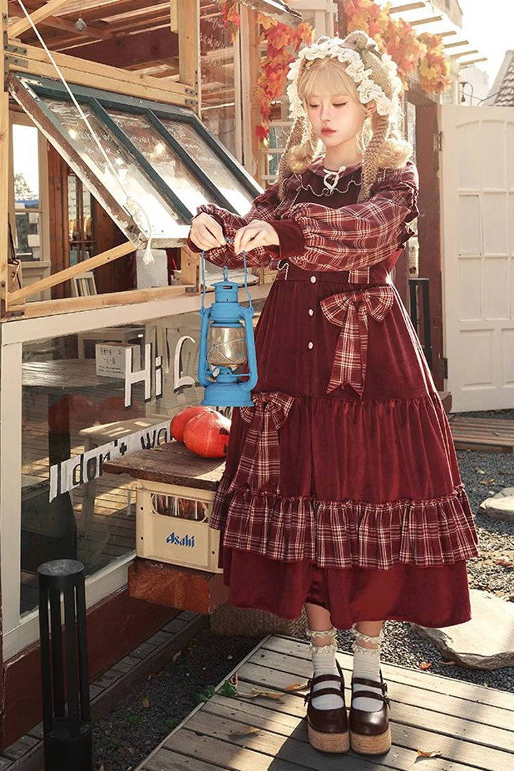 Lolita Dress - Velvet Plaid Print, Red, Plaid, Printed, Sweet Style - additional product view 4