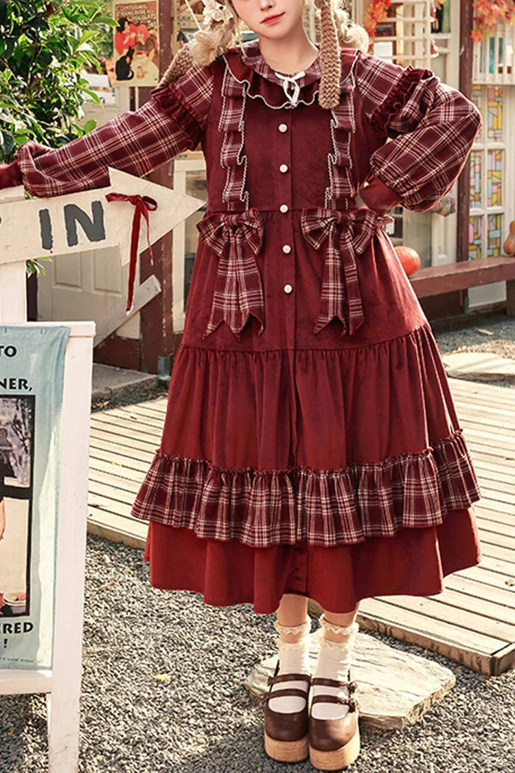 Lolita Dress - Velvet Plaid Print, Red, Plaid, Printed, Sweet Style - main product image