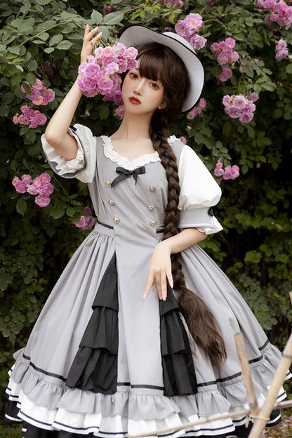 Lolita Dress - Vintage Elegant Layered Hem, Gray, High Waist, Sweet Style, Ruffled - additional product view 2