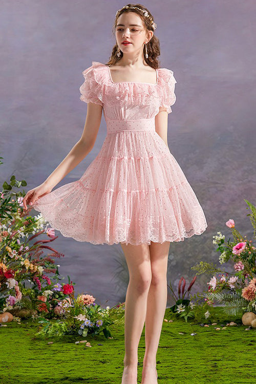 Lolita Dress - Vintage Square Collar, Pink, Square Collar, High Waist, Printed - additional product view 2