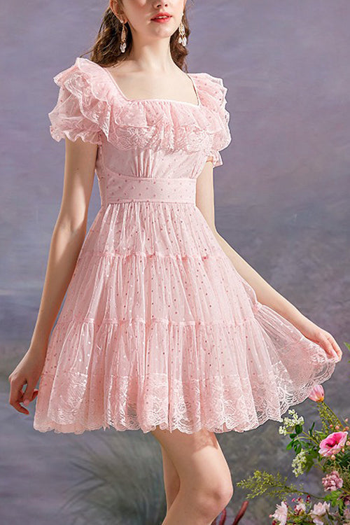 Lolita Dress - Vintage Square Collar, Pink, Square Collar, High Waist, Printed - S Pink / M Pink / L Pink option