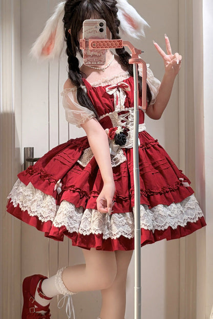 Lolita Dress - Vivian, Red, Lace Trim, Ruffled, Sweet Style - Tea Party Dress - additional product view 4