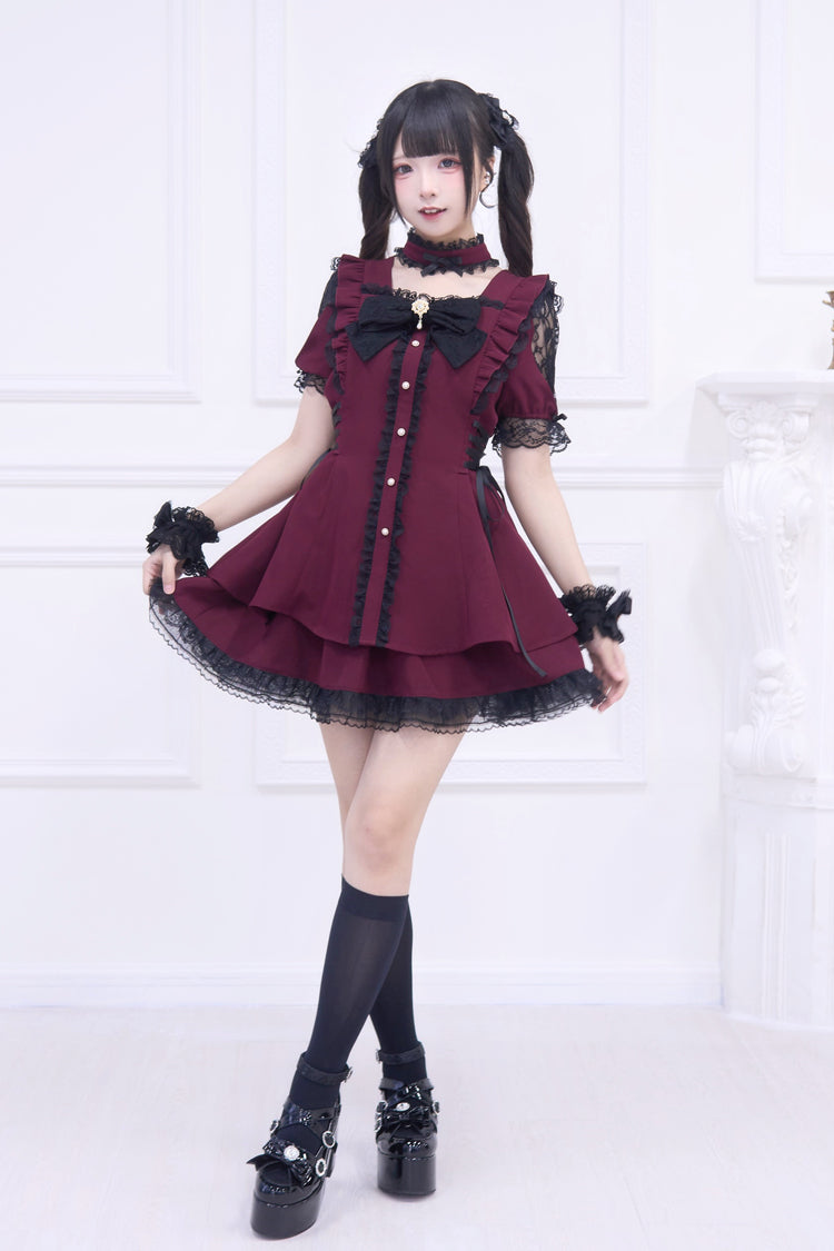 Lolita Dress - Waltz, Red, Ruffled, Gothic Style, Bow Detail - additional product view 6