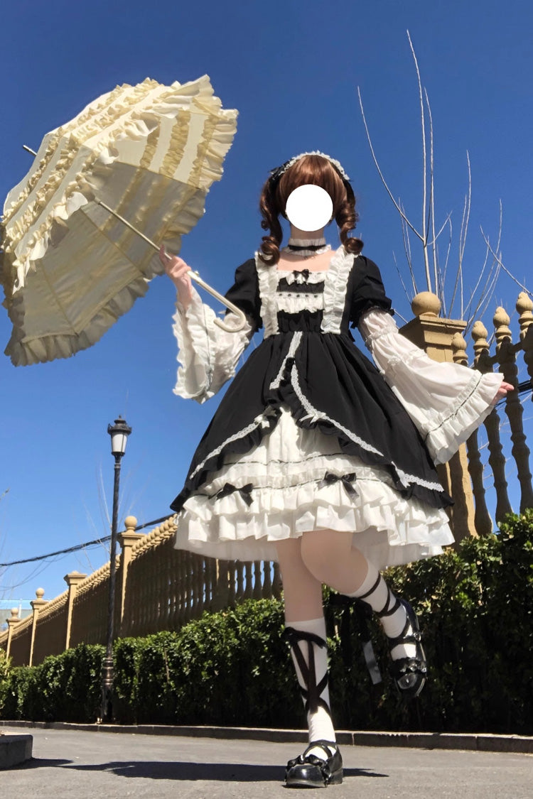 Lolita Dress - White/black, 2 Colors, Bow Detail, Ruffled, Gothic Style - additional product view 5