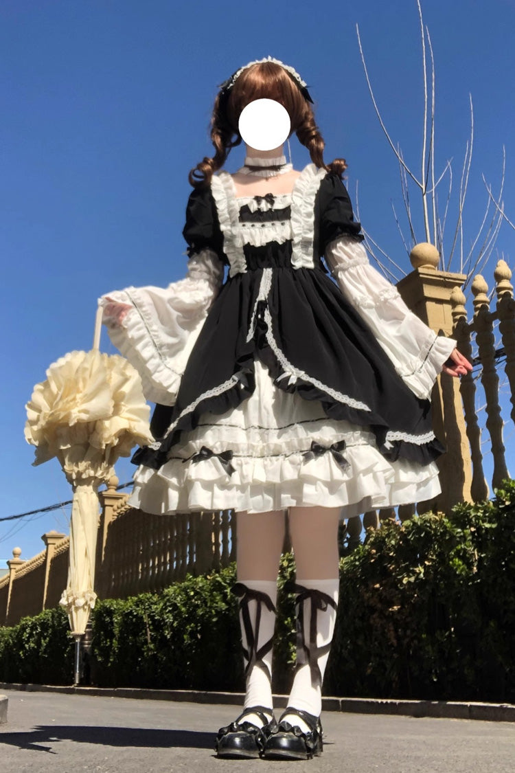 Lolita Dress - White/black, 2 Colors, Bow Detail, Ruffled, Gothic Style - main product image